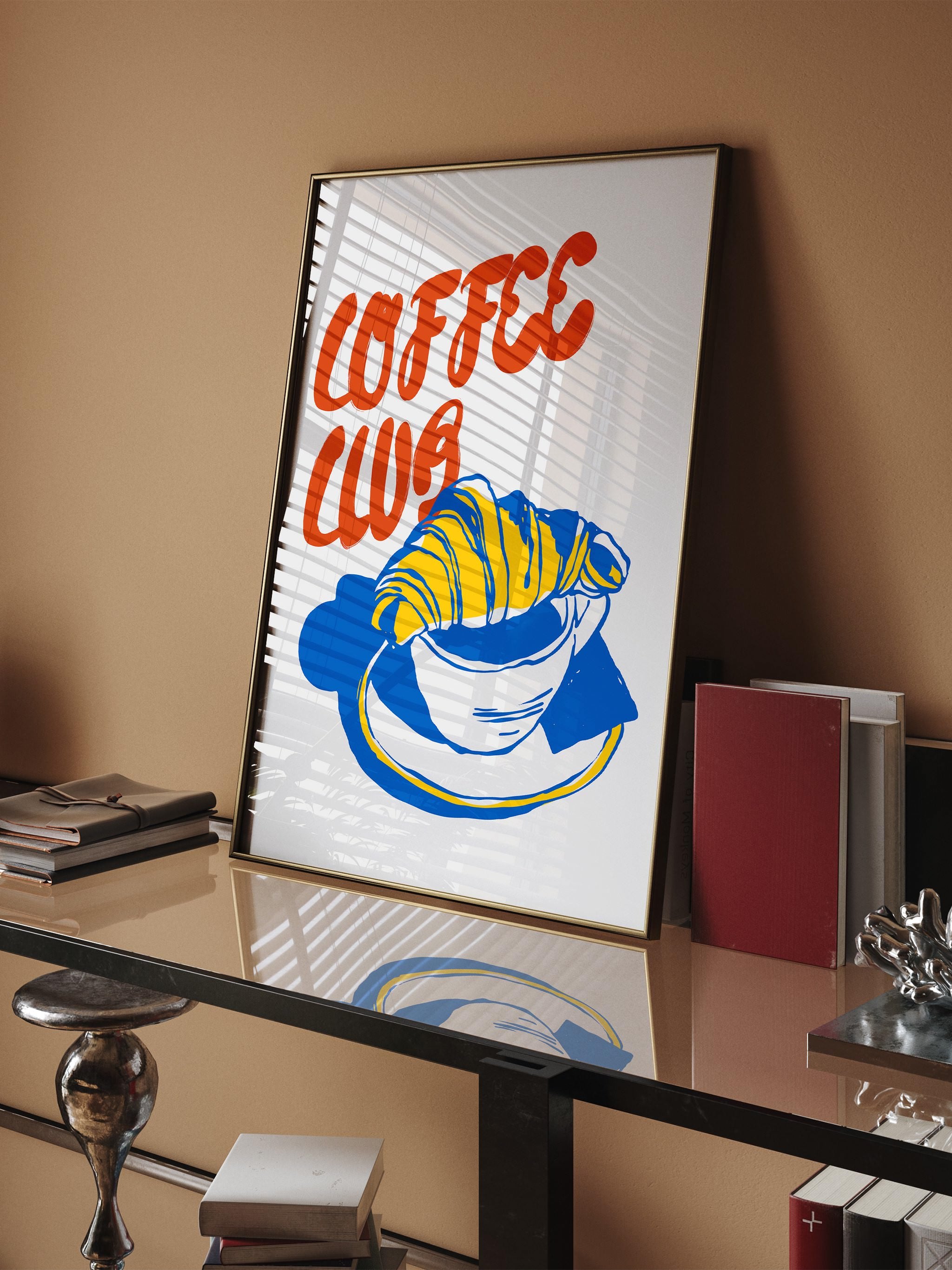 Cheerful wall art with coffee and croissant illustration