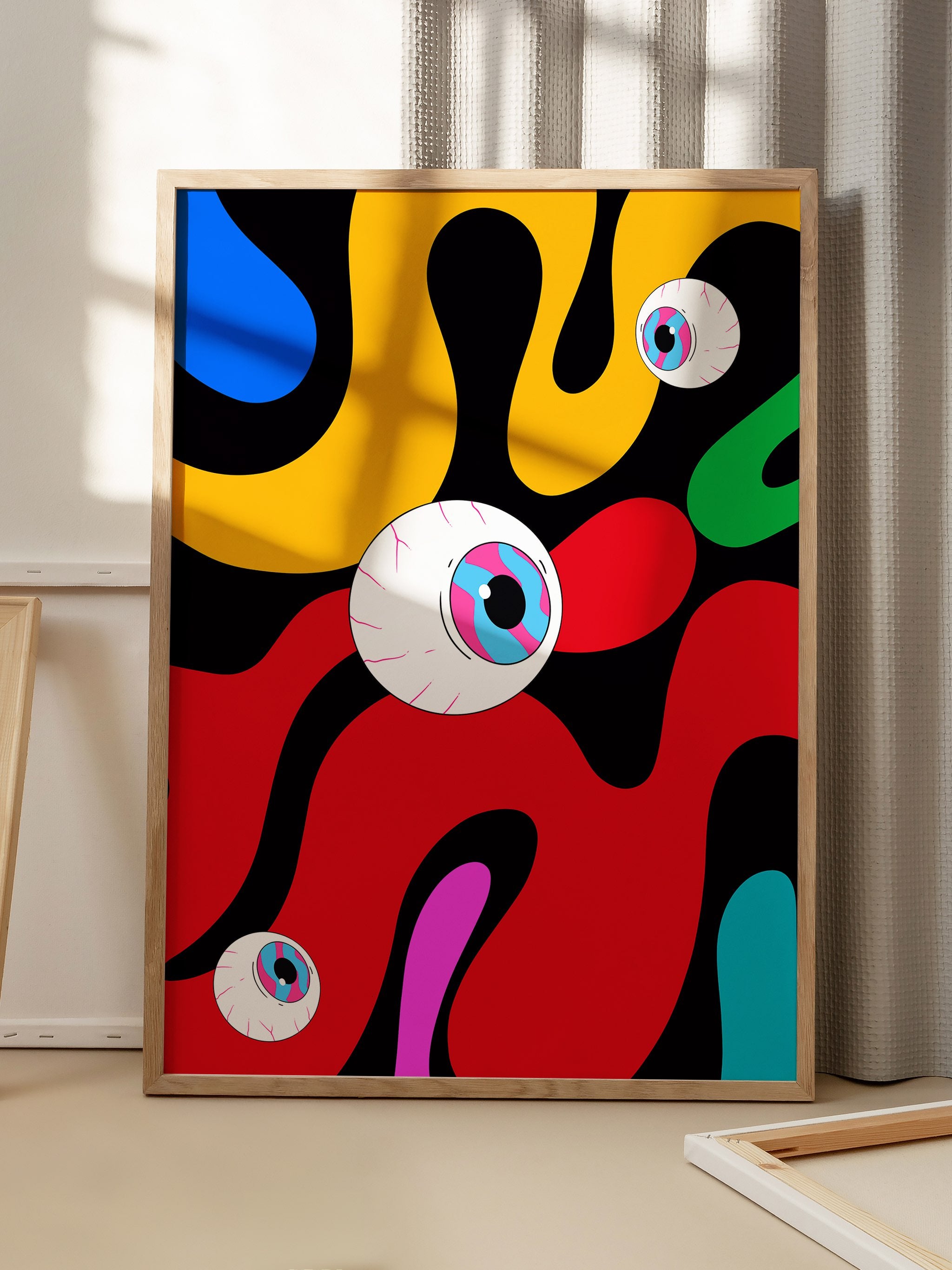 Printed poster with abstract colorful eyeballs