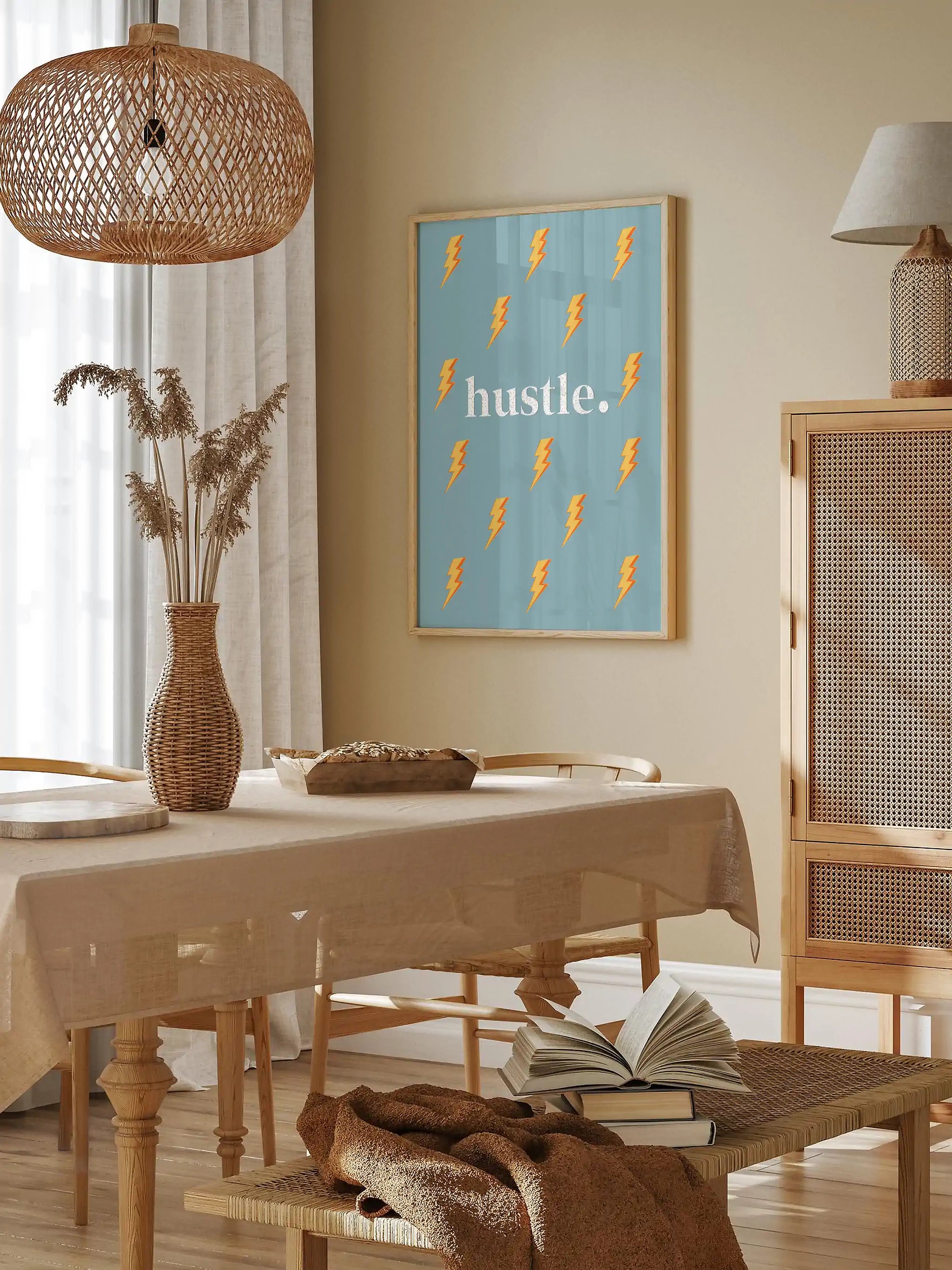 Modern blue and orange hustle print with lightning bolts.