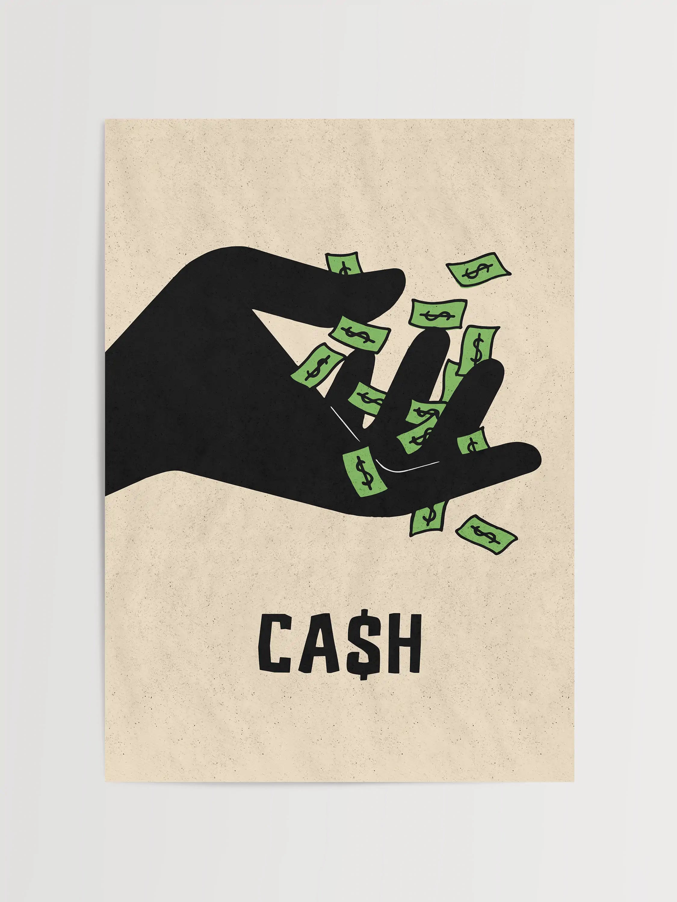Graphic illustration of a black hand dropping small green dollar bills with the word "CA$H" below.