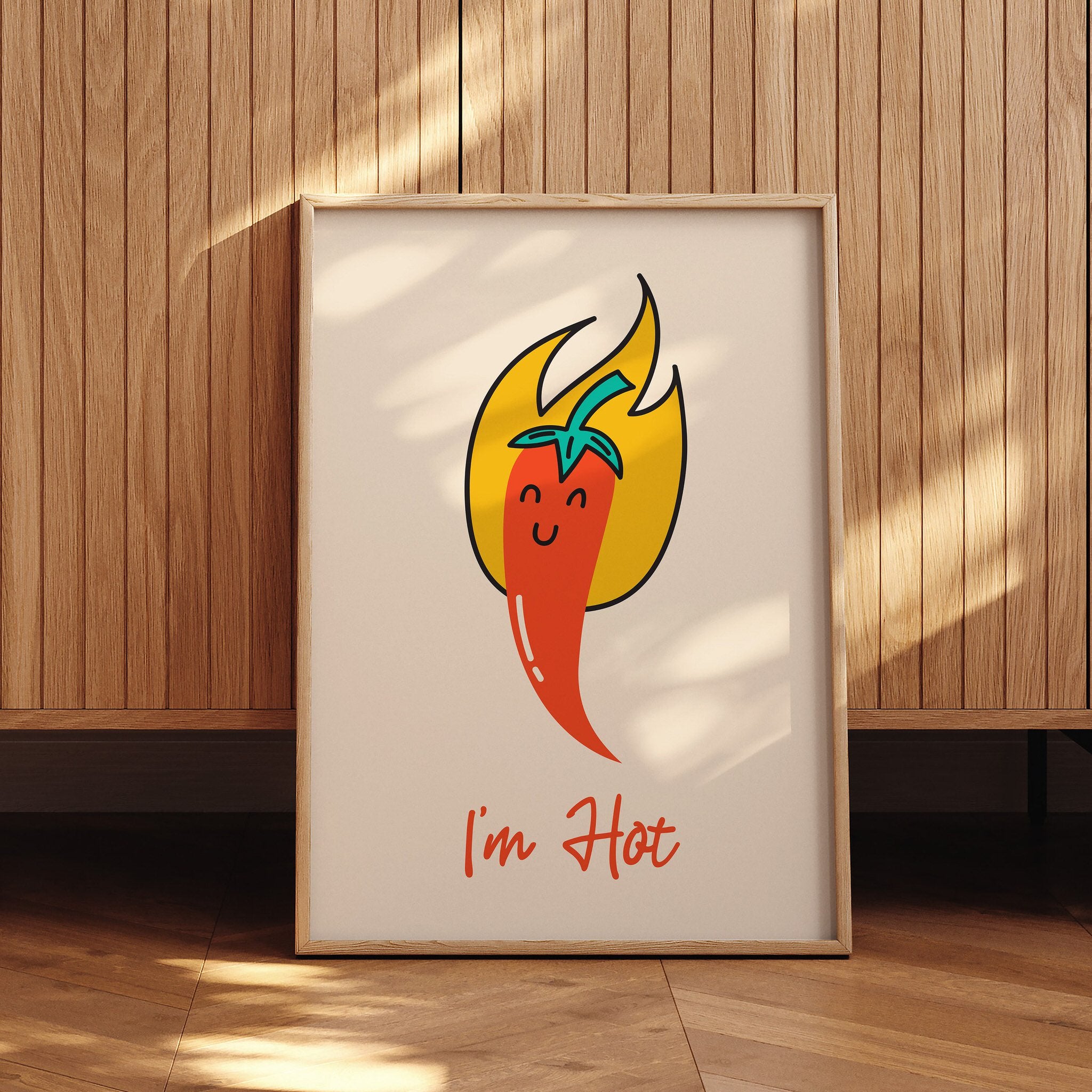 Playful chili pepper poster with "I'm Hot" text, perfect for food lovers and humorous decor.