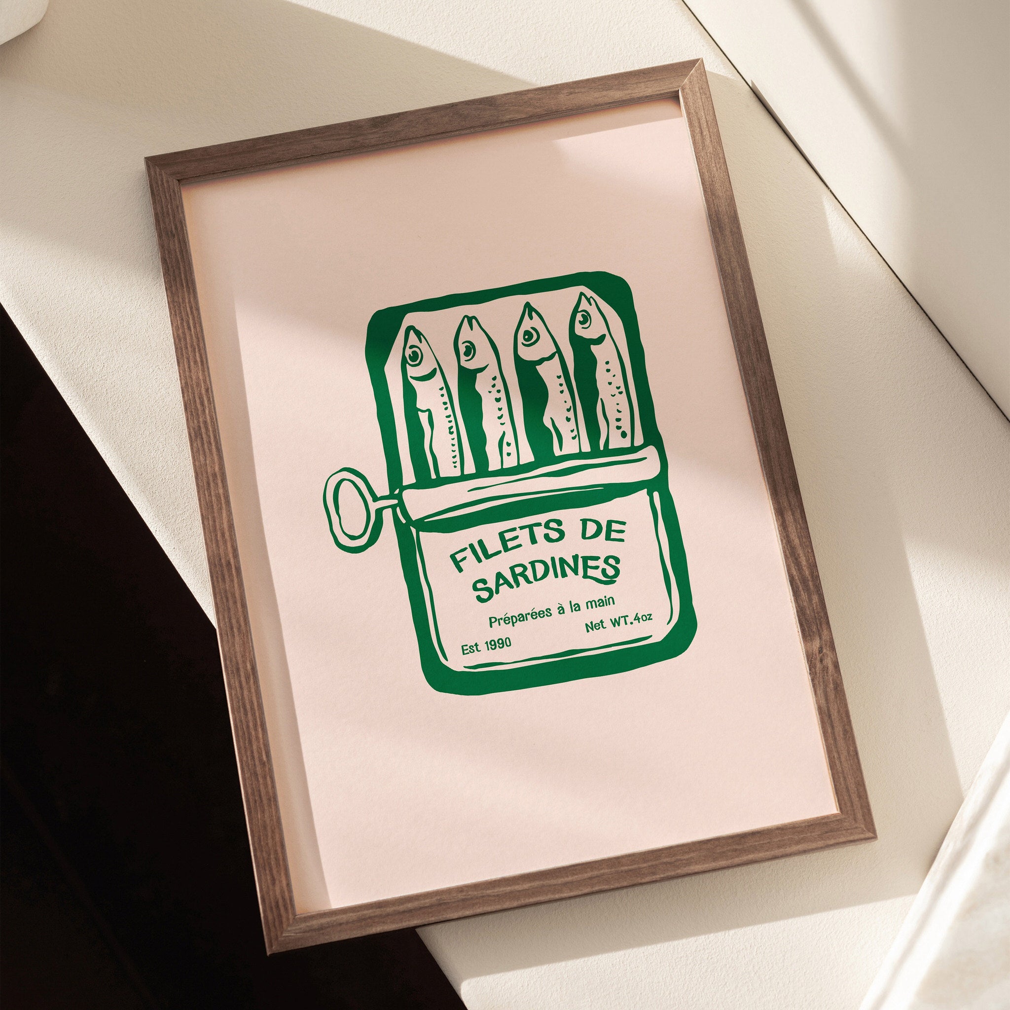  Vintage-inspired art print of a sardine can in green on a white background
