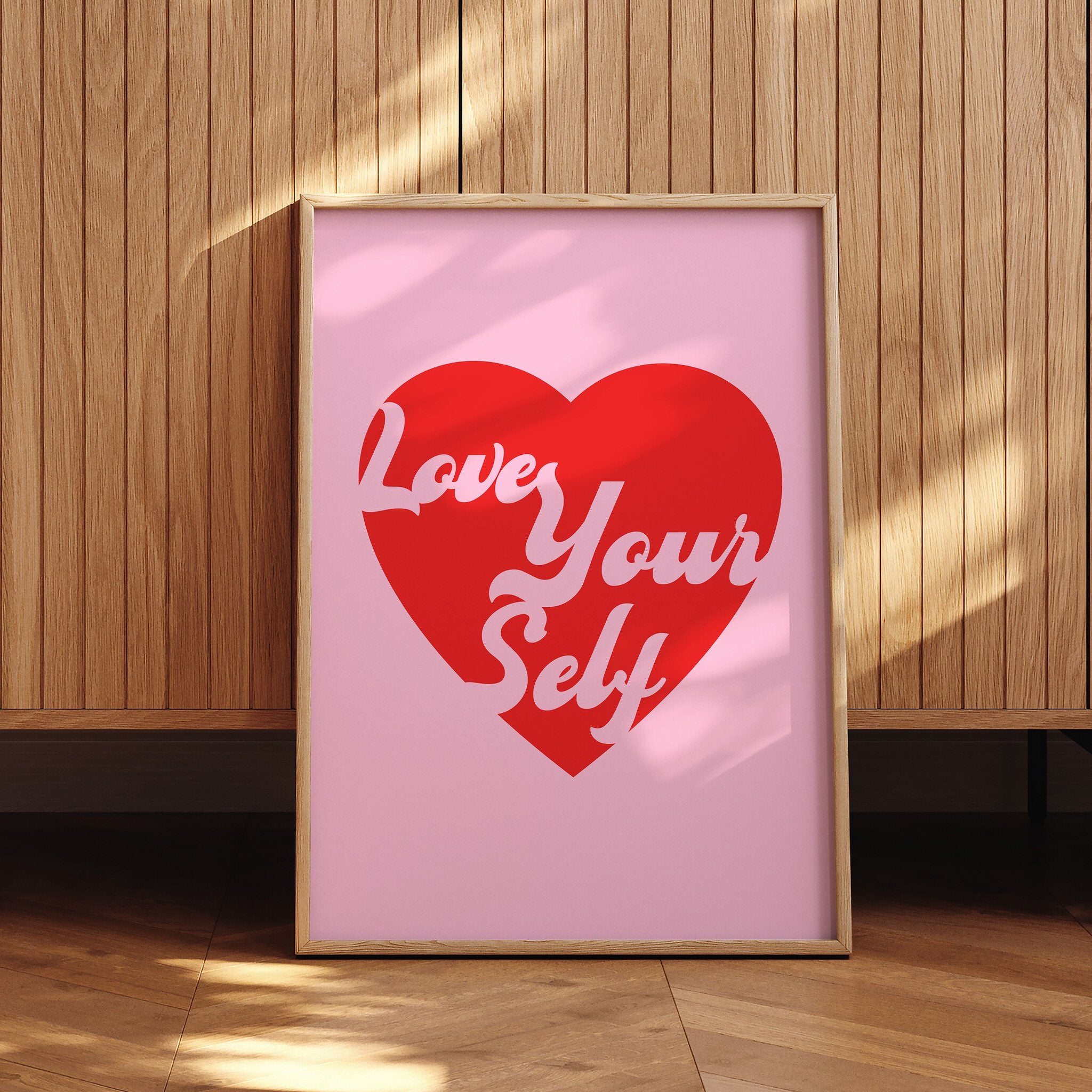 Inspirational heart poster with "Love Yourself" message for bedroom or dorm decor.